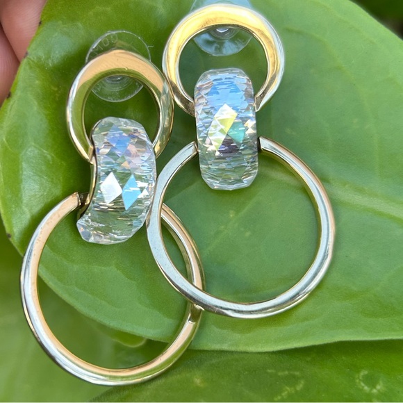 Swarovski swan logo gold DUB circles or hoops with clear crystal dangle earrings - Picture 1 of 15